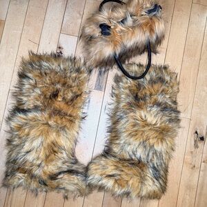 Knee High Imitation Fox Fur Boots + Fox Fur Purse combo Women’s 9